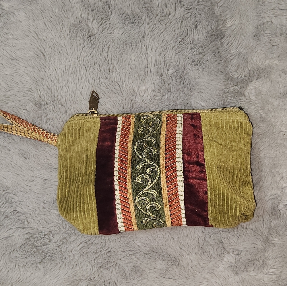 Chic Olive and Burgundy Embroidered Wristlet